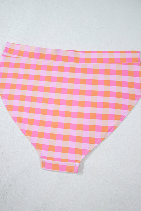 Pink Plus Size Plaid Print High Waist Bikini Set