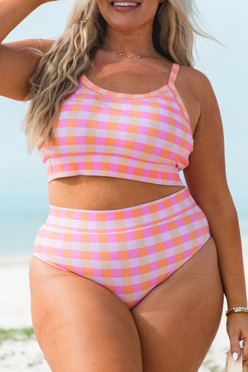 Pink Plus Size Plaid Print High Waist Bikini Set