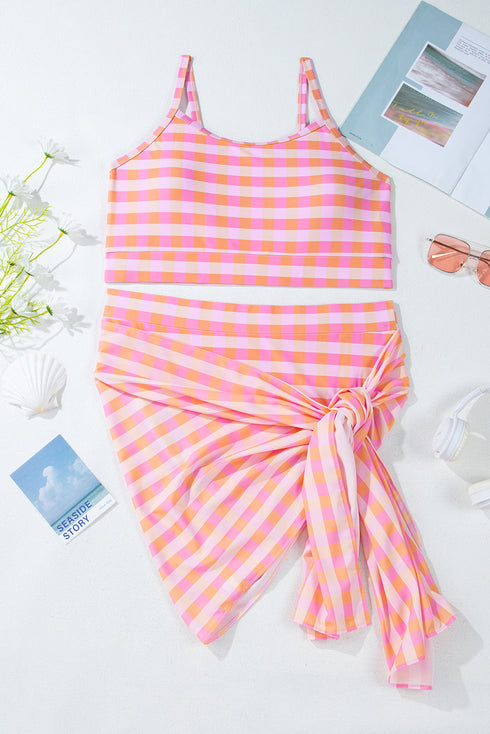 Pink Plus Size Plaid Print High Waist Bikini Set