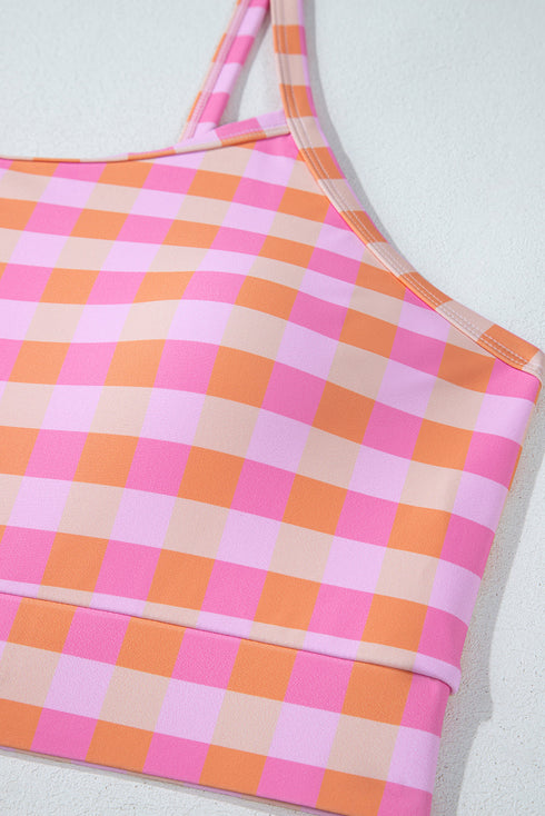 Pink Plus Size Plaid Print High Waist Bikini Set