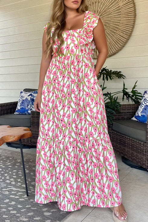 Pink Plus Size Ruffle Trim Square Neck High Waist Floral Maxi Dress