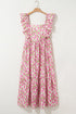 Pink Plus Size Ruffle Trim Square Neck High Waist Floral Maxi Dress