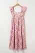 Pink Plus Size Ruffle Trim Square Neck High Waist Floral Maxi Dress
