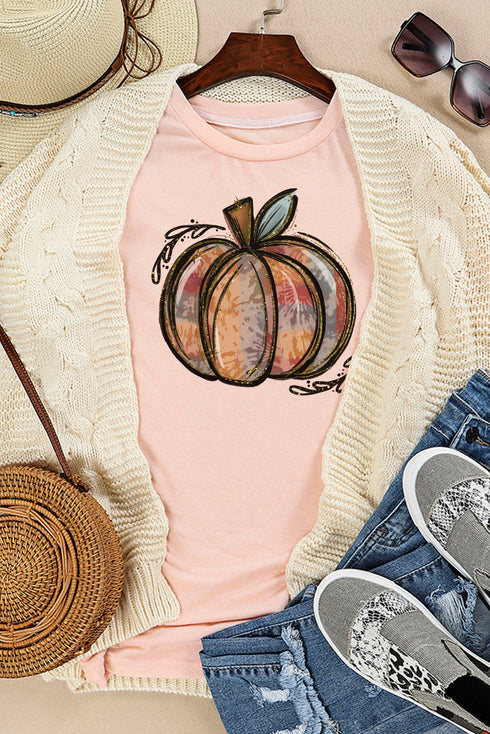 Pink Pumpkin Graphic Print Crew Neck T Shirt
