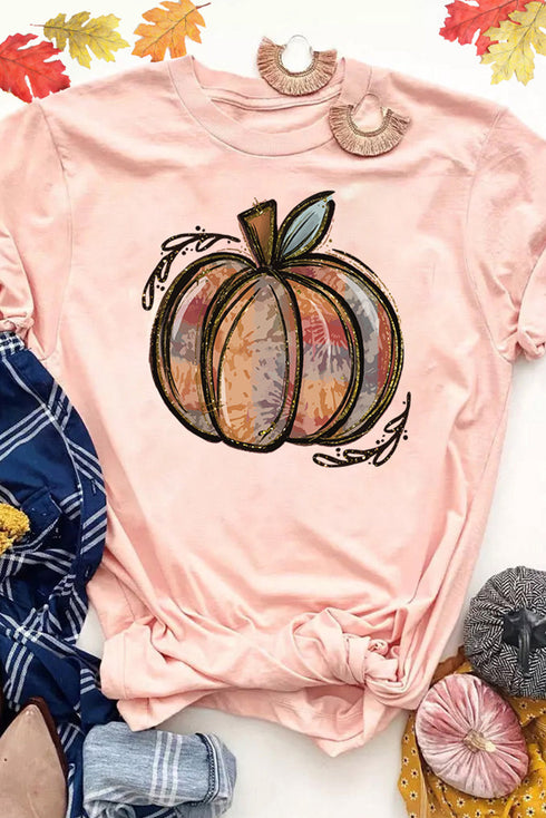 Pink Pumpkin Graphic Print Crew Neck T Shirt