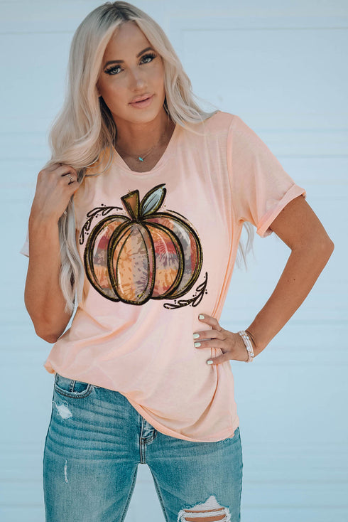 Pink Pumpkin Graphic Print Crew Neck T Shirt