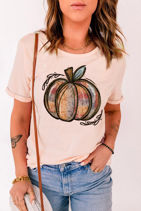 Pink Pumpkin Graphic Print Crew Neck T Shirt