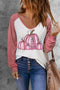 Pink Pumpkin Print Sheer Striped Long Sleeve Top