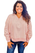 Pink Raw Cut Notched Neck Plus Size French Terry Hoodie