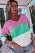 Pink Ribbed V Neck Color Block Patchwork Sweatshirt