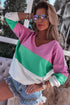 Pink Ribbed V Neck Color Block Patchwork Sweatshirt