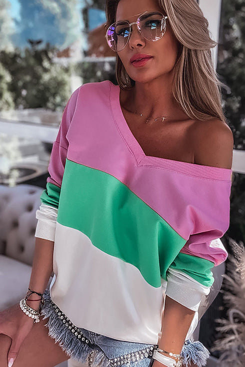 Pink Ribbed V Neck Color Block Patchwork Sweatshirt