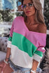 Pink Ribbed V Neck Color Block Patchwork Sweatshirt