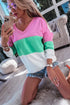 Pink Ribbed V Neck Color Block Patchwork Sweatshirt