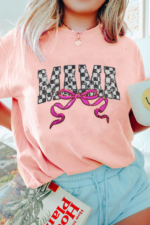 Pink Sequin Checkered MAMA Bow Graphic T Shirt