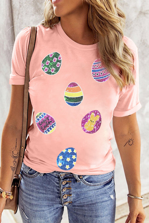 Pink Sequin Easter Eggs Graphic Crewneck T Shirt