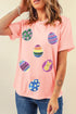 Pink Sequin Easter Eggs Graphic Crewneck T Shirt