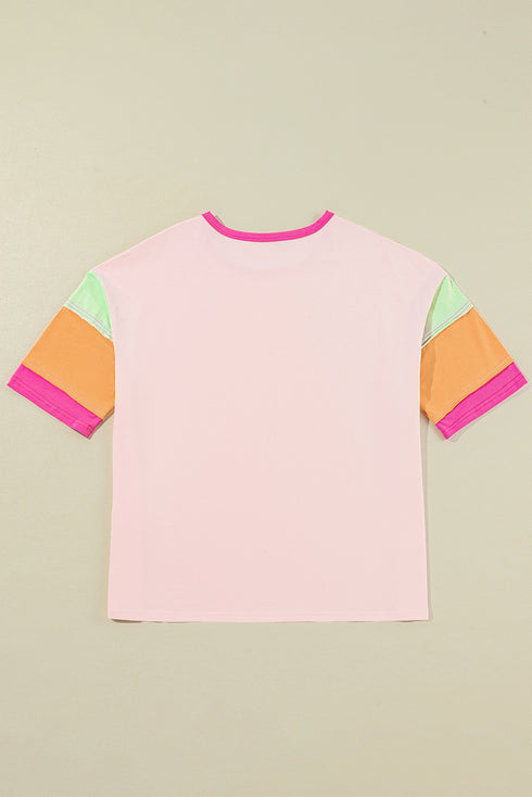 Pink Sequin MAMA Letter Graphic Color Block Patchwork Sleeve Tee