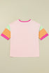 Pink Sequin MAMA Letter Graphic Color Block Patchwork Sleeve Tee