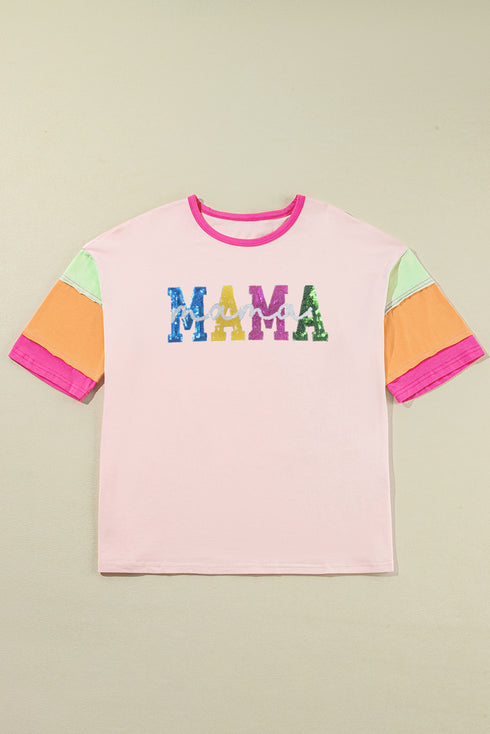 Pink Sequin MAMA Letter Graphic Color Block Patchwork Sleeve Tee