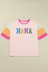 Pink Sequin MAMA Letter Graphic Color Block Patchwork Sleeve Tee