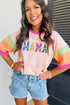 Pink Sequin MAMA Letter Graphic Color Block Patchwork Sleeve Tee