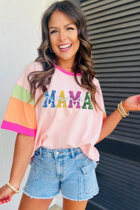 Pink Sequin MAMA Letter Graphic Color Block Patchwork Sleeve Tee