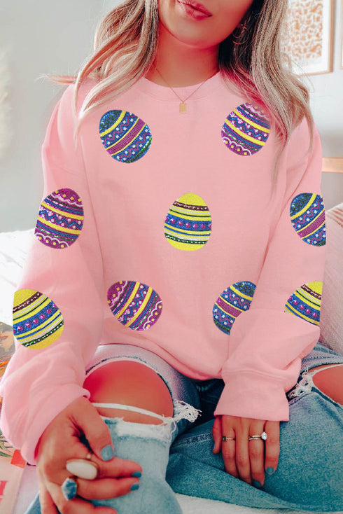 Pink Sequined Bunny Egg Easter Day Pullover Sweatshirt
