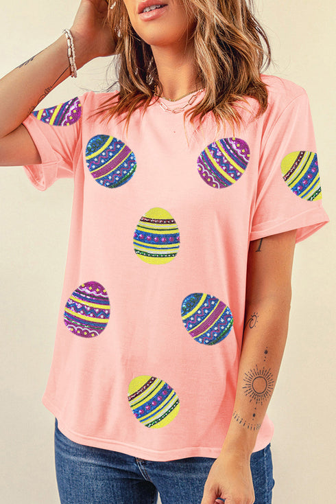 Pink Sequined Easter Egg Patched Print Holiday Tee