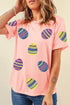 Pink Sequined Easter Egg Patched Print Holiday Tee