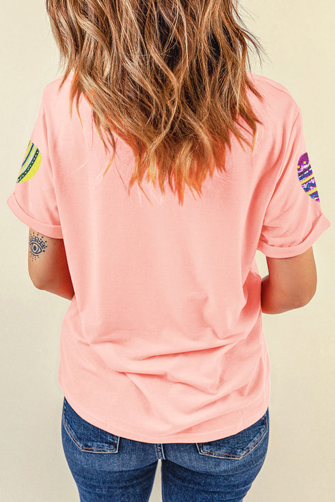 Pink Sequined Easter Egg Patched Print Holiday Tee