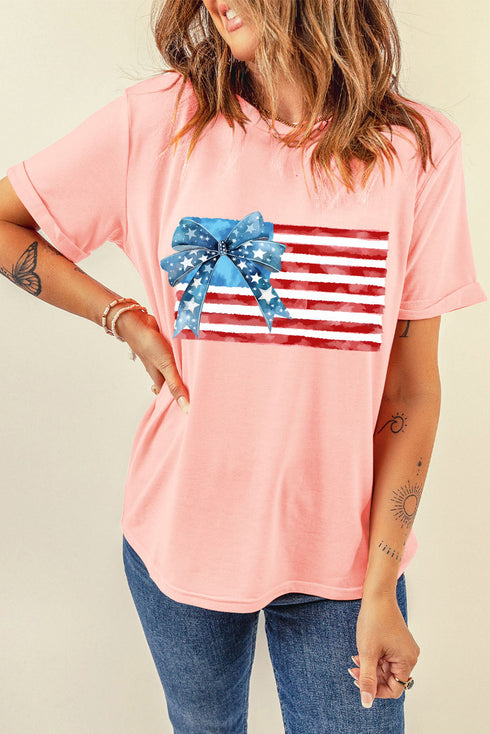 Pink Starry Bow American Flag Graphic T Shirt