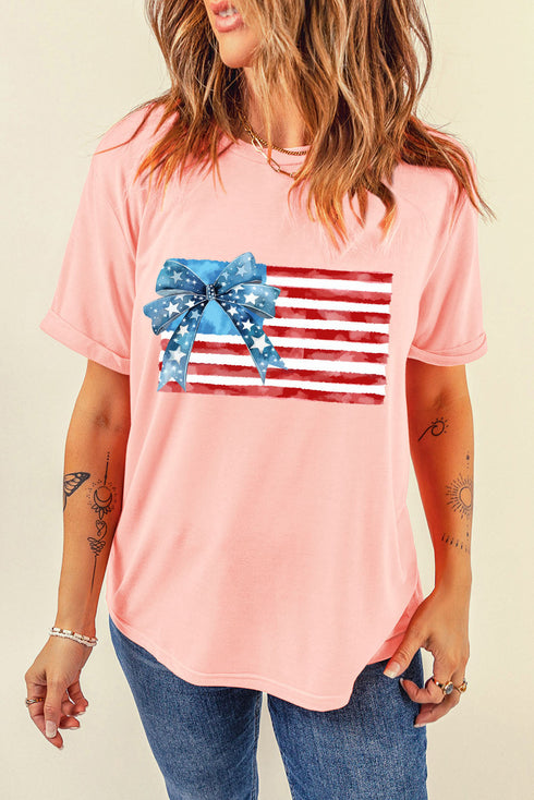 Pink Starry Bow American Flag Graphic T Shirt
