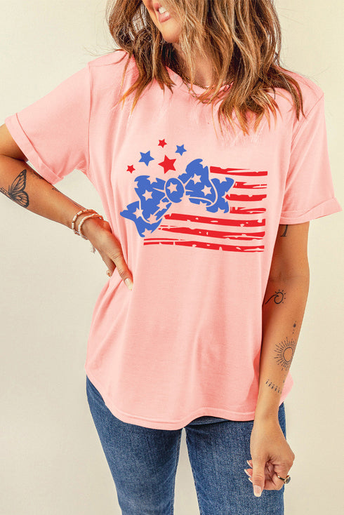 Pink Stars And Stripes Bow Knot Crew Neck T Shirt