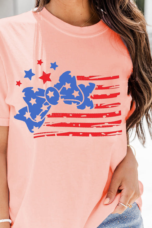 Pink Stars And Stripes Bow Knot Crew Neck T Shirt