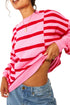 Pink Stripe Bubble Sleeve Drop Shoulder Ribbed Trim Sweater