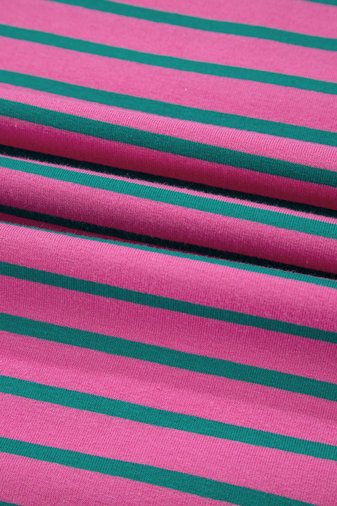 Pink Stripe Colorblock Ruffled Sleeve Crew Neck Blouse