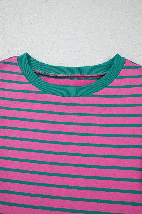 Pink Stripe Colorblock Ruffled Sleeve Crew Neck Blouse