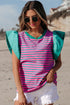 Pink Stripe Colorblock Ruffled Sleeve Crew Neck Blouse
