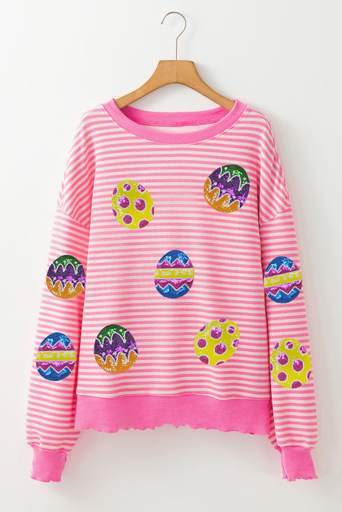 Pink Stripe Easter Egg Patched Graphic Drop Shoulder Long Sleeve Top