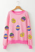 Pink Stripe Easter Egg Patched Graphic Drop Shoulder Long Sleeve Top