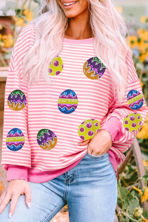 Pink Stripe Easter Egg Patched Graphic Drop Shoulder Long Sleeve Top