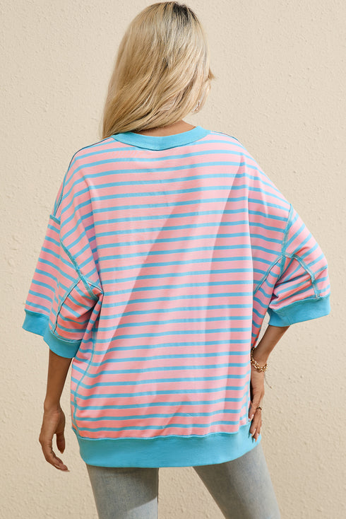 Pink Stripe Easter Rabbit Graphic Contrast Banded Drop Shoulder Tee