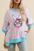 Pink Stripe Easter Rabbit Graphic Contrast Banded Drop Shoulder Tee