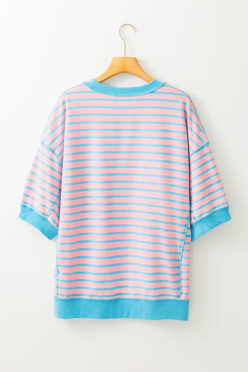 Pink Stripe Easter Rabbit Graphic Contrast Banded Drop Shoulder Tee