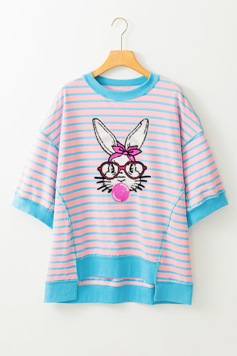 Pink Stripe Easter Rabbit Graphic Contrast Banded Drop Shoulder Tee