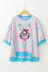 Pink Stripe Easter Rabbit Graphic Contrast Banded Drop Shoulder Tee