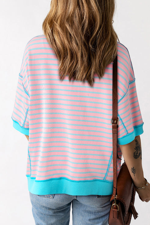 Pink Stripe Easter Rabbit Graphic Contrast Banded Drop Shoulder Tee