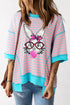 Pink Stripe Easter Rabbit Graphic Contrast Banded Drop Shoulder Tee