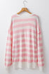 Pink Stripe Half Buttons Drop Shoulder Sweater